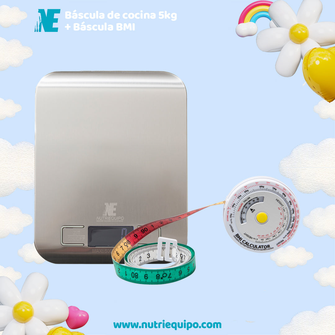 Báscula de Cocina 5 kg + Cinta Métrica con Calculadora de IMC